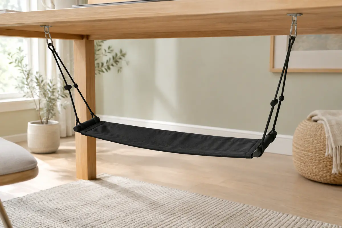 Repose-pieds hamac en toile noire suspendu sous un bureau en bois clair dans un intérieur lumineux.