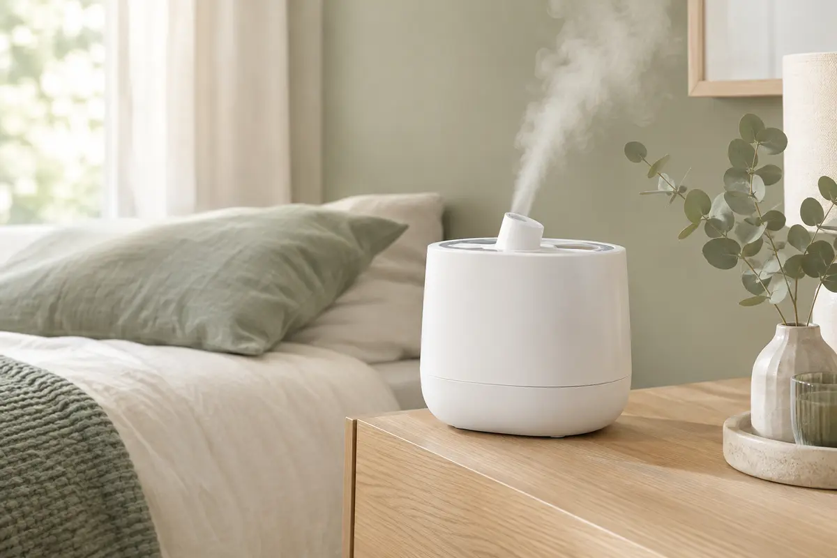 Humidificateur Bear blanc à réservoir supérieur posé sur une console en bois clair dans une chambre