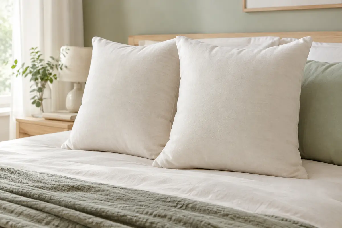 Deux oreillers carrés BedStory au ton naturel clair, posés sur un lit aux textiles ivoire