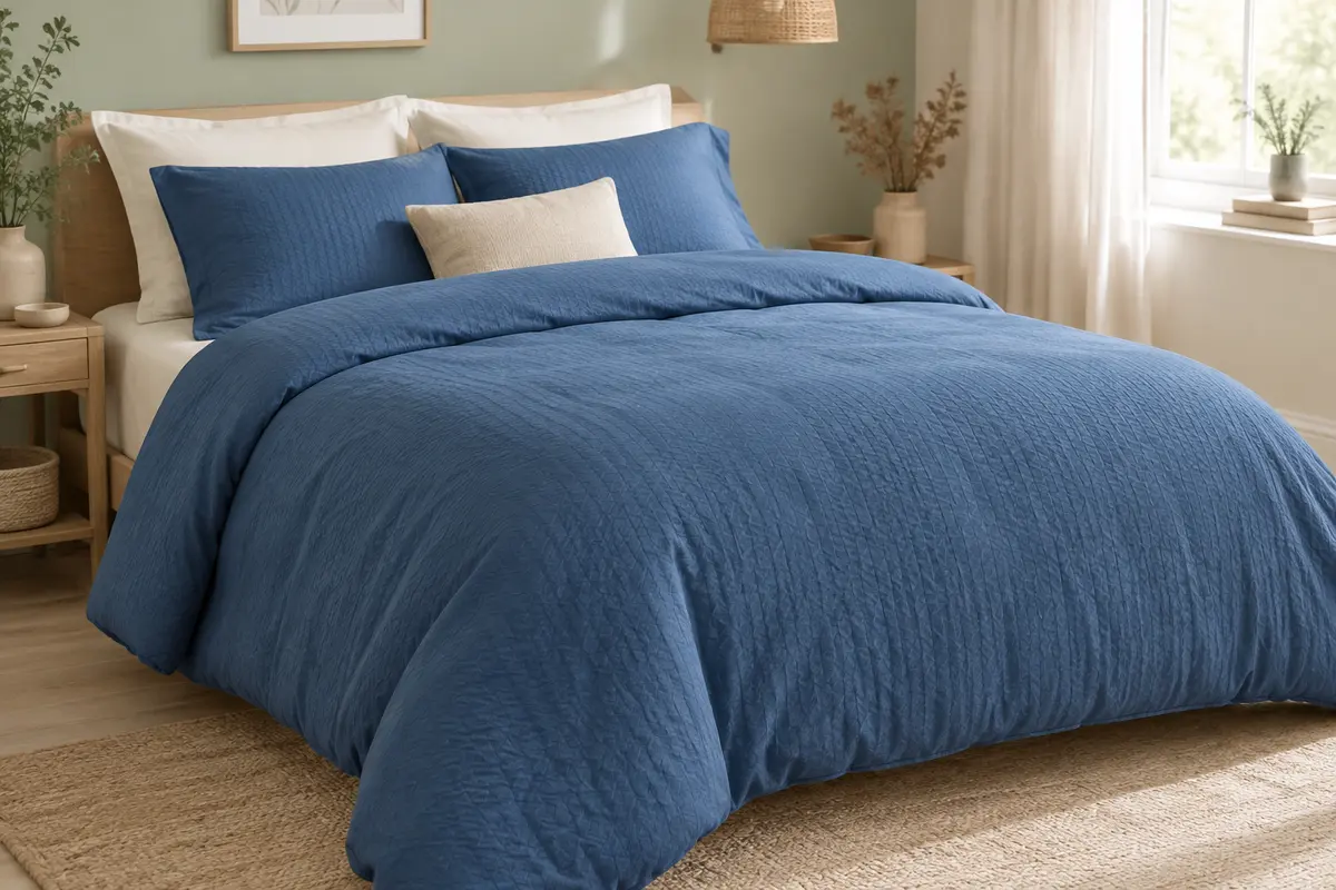 Couette Bedsure bleue unie en microfibre, étendue sur un lit dans une chambre lumineuse aux tons doux.