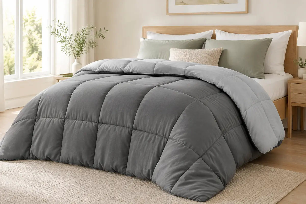 Couette réversible Bedsure grise et gris clair présentée sur un lit dans une chambre lumineuse