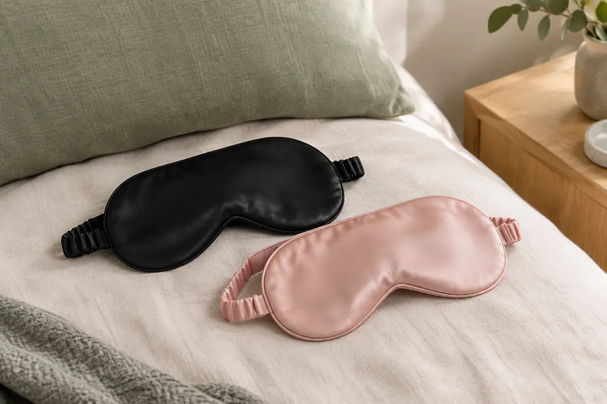 Deux masques de sommeil en soie, l’un noir et l’autre rose, posés sur un linge ivoire.