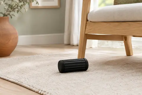 Rouleau de massage noir compact posé sur un tapis ivoire dans un intérieur lumineux aux tons naturels.