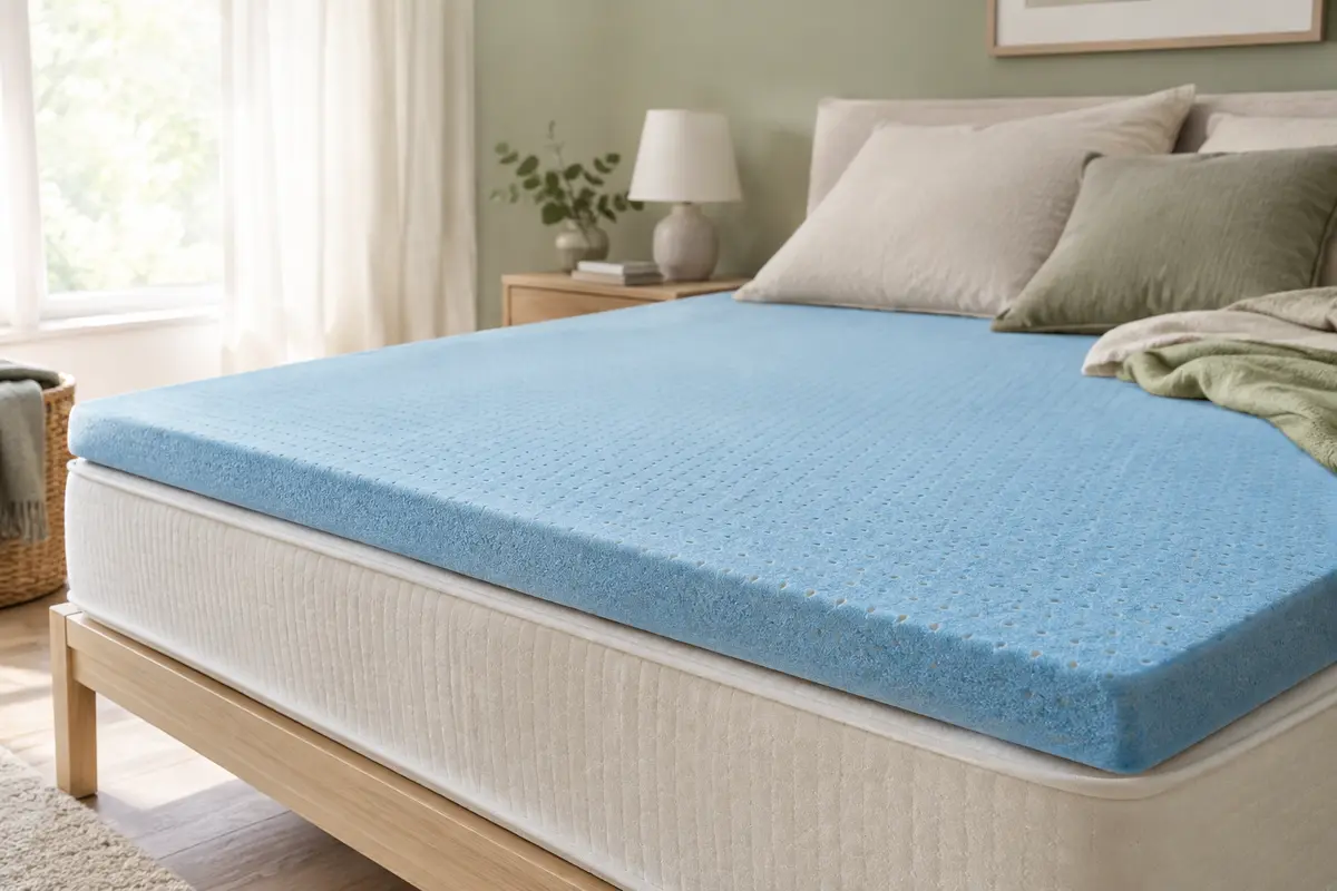 Surmatelas bleu en mousse à mémoire de forme ventilée posé sur un lit aux tons clairs