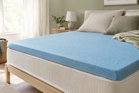 Surmatelas bleu en mousse à mémoire de forme ventilée posé sur un lit aux tons clairs