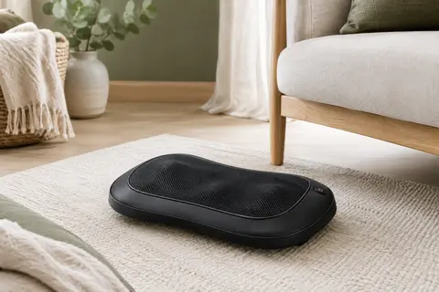 Appareil de massage shiatsu noir en tissu mesh posé dans un intérieur lumineux aux tons sauge et bois clair.