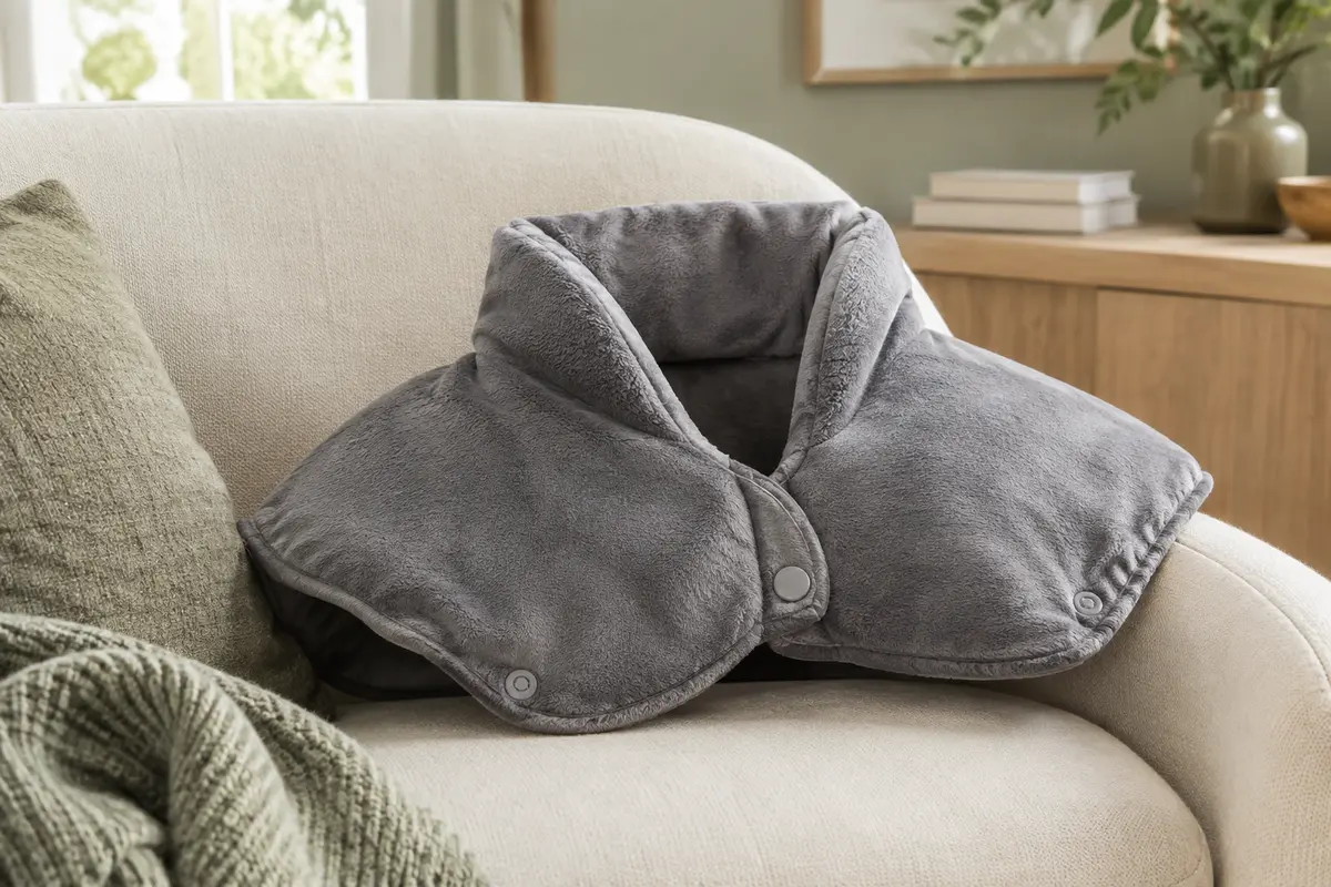 Coussin chauffant gris en peluche pour la nuque et les épaules, posé sur un fauteuil clair