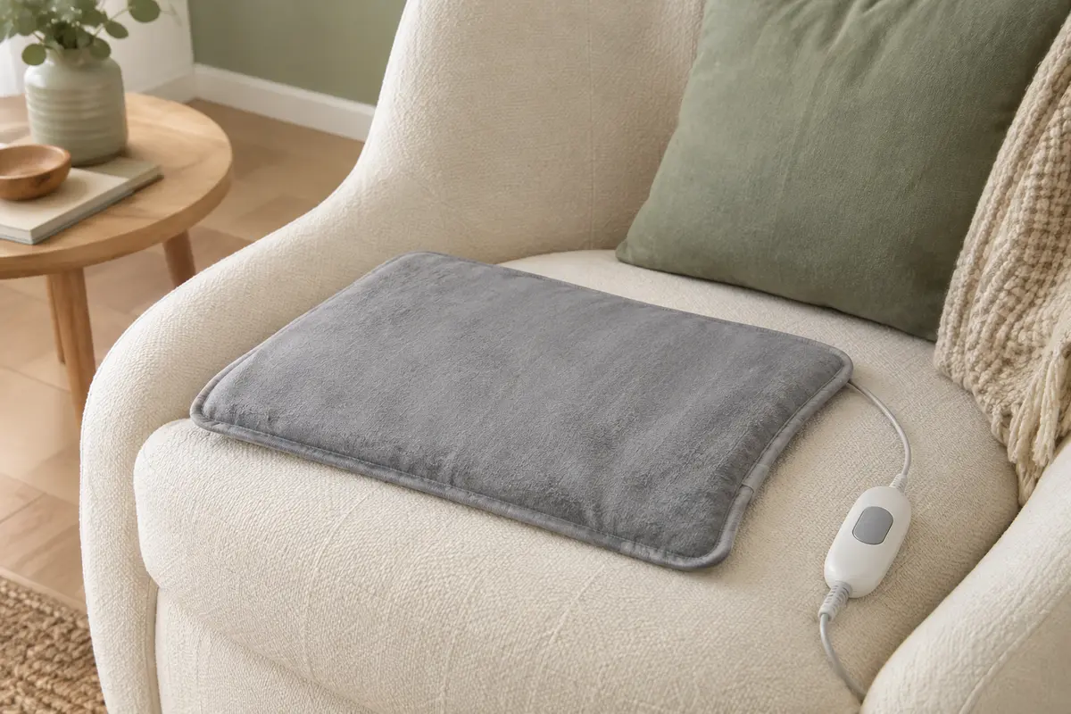 Coussin chauffant gris en coton posé sur un fauteuil clair, avec sa commande amovible à proximité.