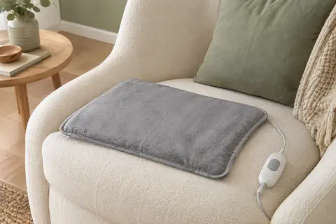 Coussin chauffant gris en coton posé sur un fauteuil clair, avec sa commande amovible à proximité.