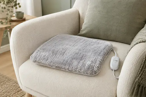 Coussin chauffant Beurer HK 41 en peluche grise, posé à plat dans un intérieur clair et apaisant