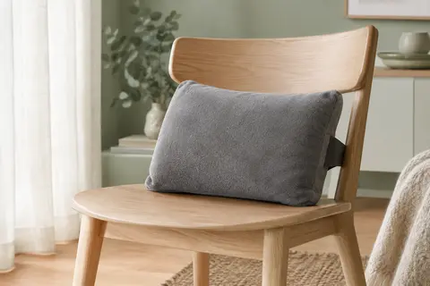 Coussin de massage shiatsu Beurer gris posé sur une chaise en bois clair