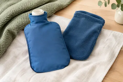 Poche thermique bleue avec bouchon large et housse textile, posée sur un plaid clair dans un intérieur lumineux.