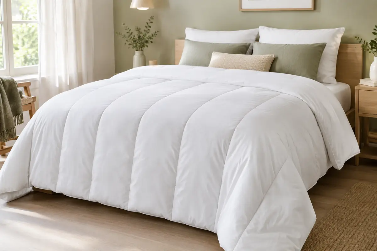 Couette blanche Blanrêve 240 x 220 cm au piquage longiligne, posée sur un lit dans une chambre claire.