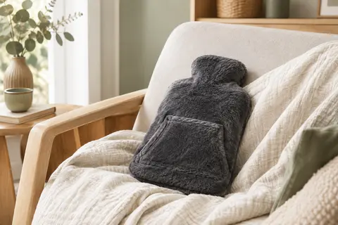 Bouillotte gris-noir avec housse en peluche douce et poche kangourou, posée sur un plaid clair.