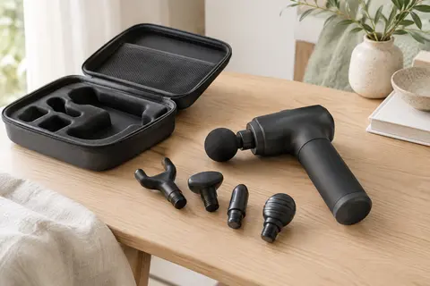 Pistolet de massage noir compact avec têtes en silicone et mallette posés sur une table en bois clair