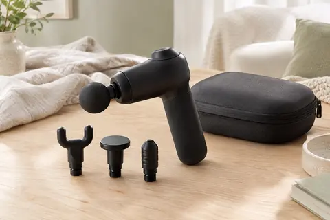Pistolet de massage compact noir accompagné de ses têtes interchangeables dans un intérieur lumineux