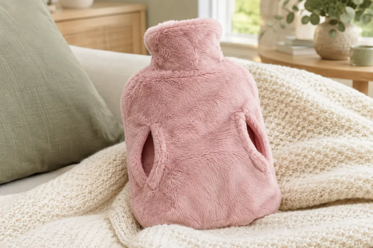 Bouillotte rose avec housse en fausse fourrure douce et poche kangourou posée sur un plaid clair.