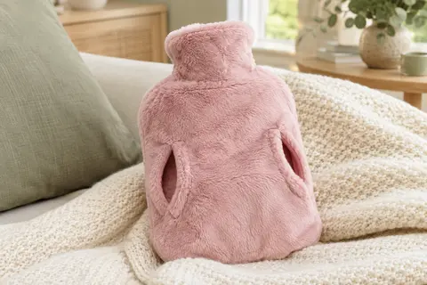 Bouillotte rose avec housse en fausse fourrure douce et poche kangourou posée sur un plaid clair.
