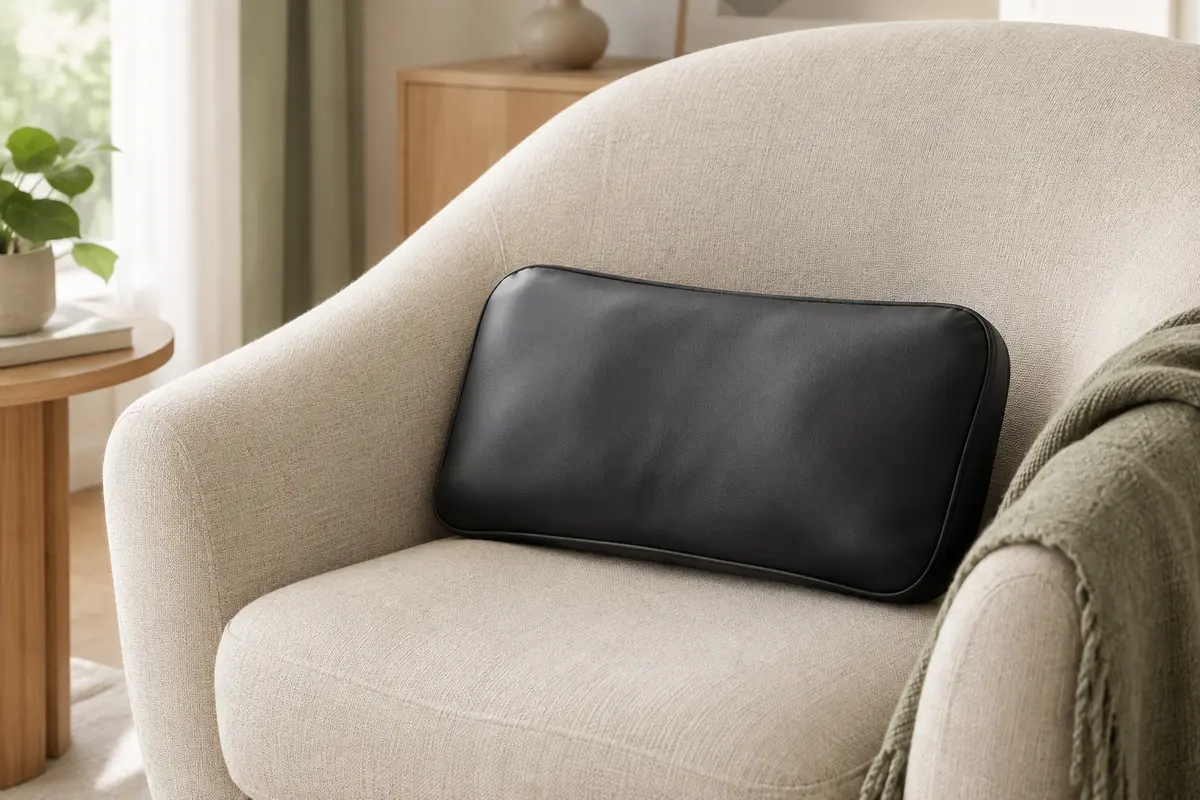 Coussin de massage Boriwat noir en simili cuir posé sur un fauteuil clair dans un intérieur serein.