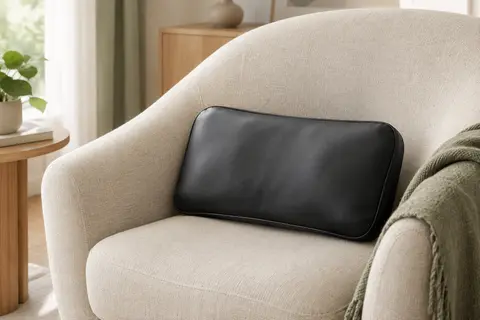 Coussin de massage Boriwat noir en simili cuir posé sur un fauteuil clair dans un intérieur serein.