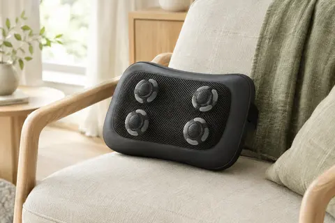 Coussin de massage shiatsu Brelley foncé avec têtes rotatives, posé sur un fauteuil clair
