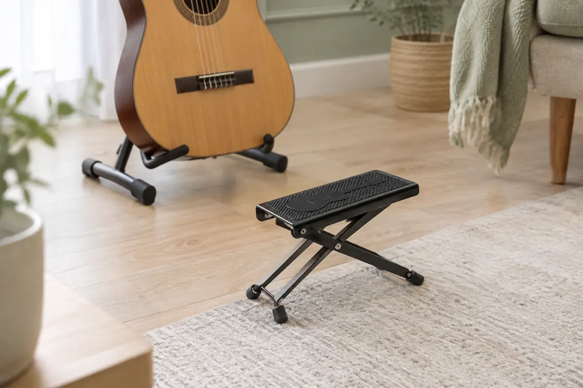 Repose-pieds métallique pliable à motif de guitare, avec surface en caoutchouc antidérapante.