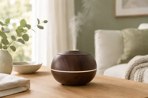 Humidificateur rond en plastique effet bois foncé, éclairé par une LED et posé sur une table claire.
