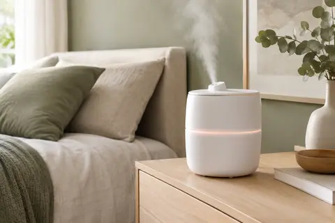 Humidificateur blanc à brume fraîche posé sur une console en bois clair dans une chambre lumineuse