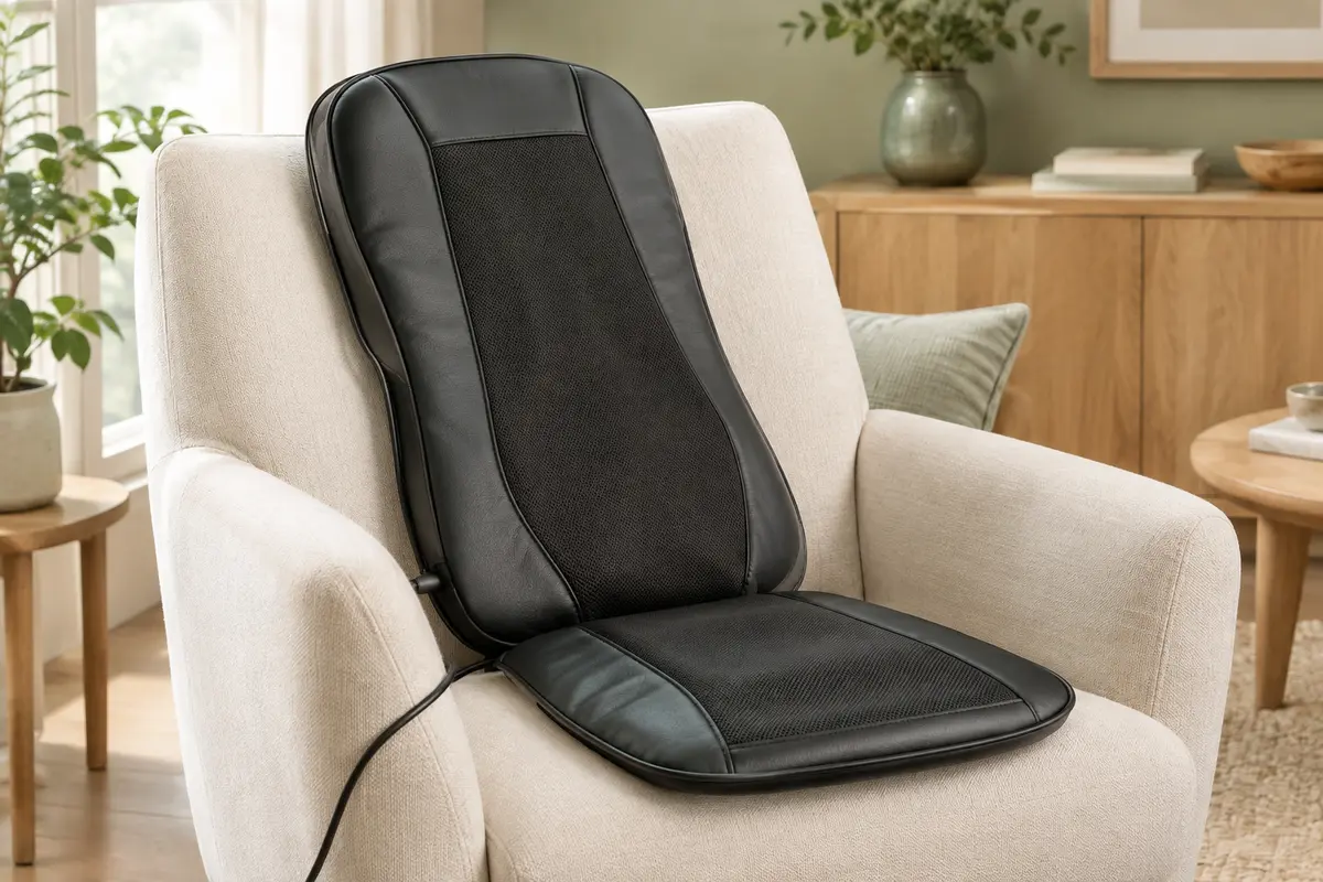 Coussin de massage noir à câble électrique posé sur un fauteuil clair dans un intérieur apaisant