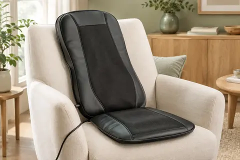 Coussin de massage noir à câble électrique posé sur un fauteuil clair dans un intérieur apaisant