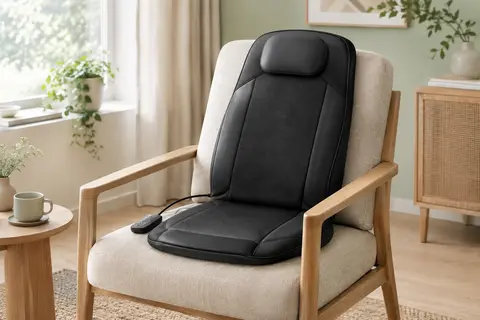 Siège massant COMFIER noir posé sur un fauteuil clair, avec sa télécommande à proximité.