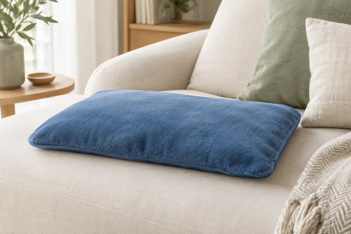 Coussin chauffant bleu en flanelle présenté à plat sur un canapé ivoire dans un intérieur lumineux.