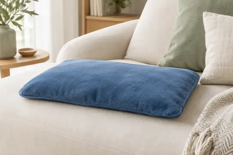Coussin chauffant bleu en flanelle présenté à plat sur un canapé ivoire dans un intérieur lumineux.