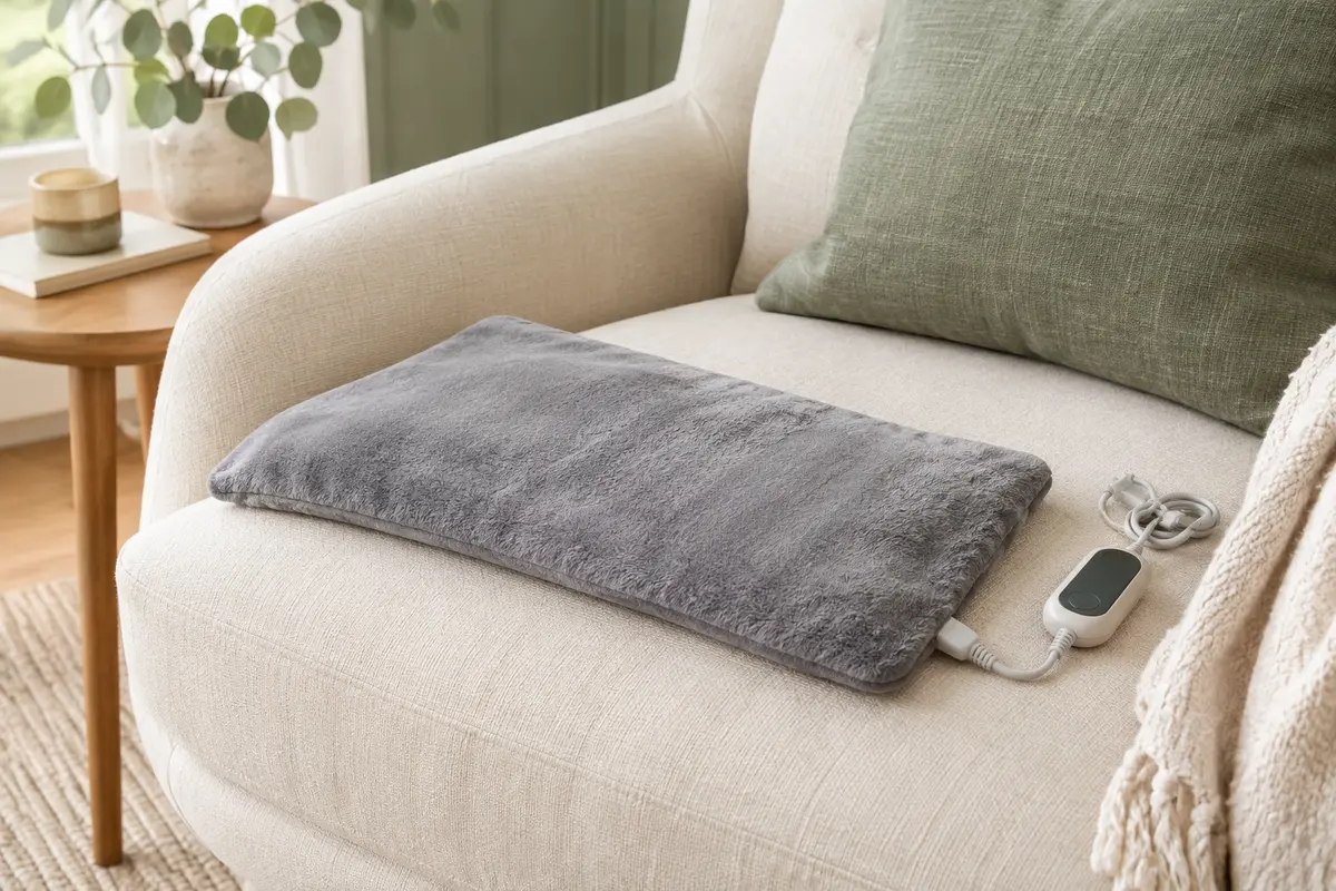 Coussin chauffant gris en micro-polaire posé sur un fauteuil clair, avec sa télécommande détachable