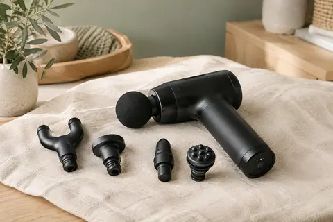 Pistolet de massage noir accompagné de ses embouts, posé sur un tissu clair dans un intérieur serein.