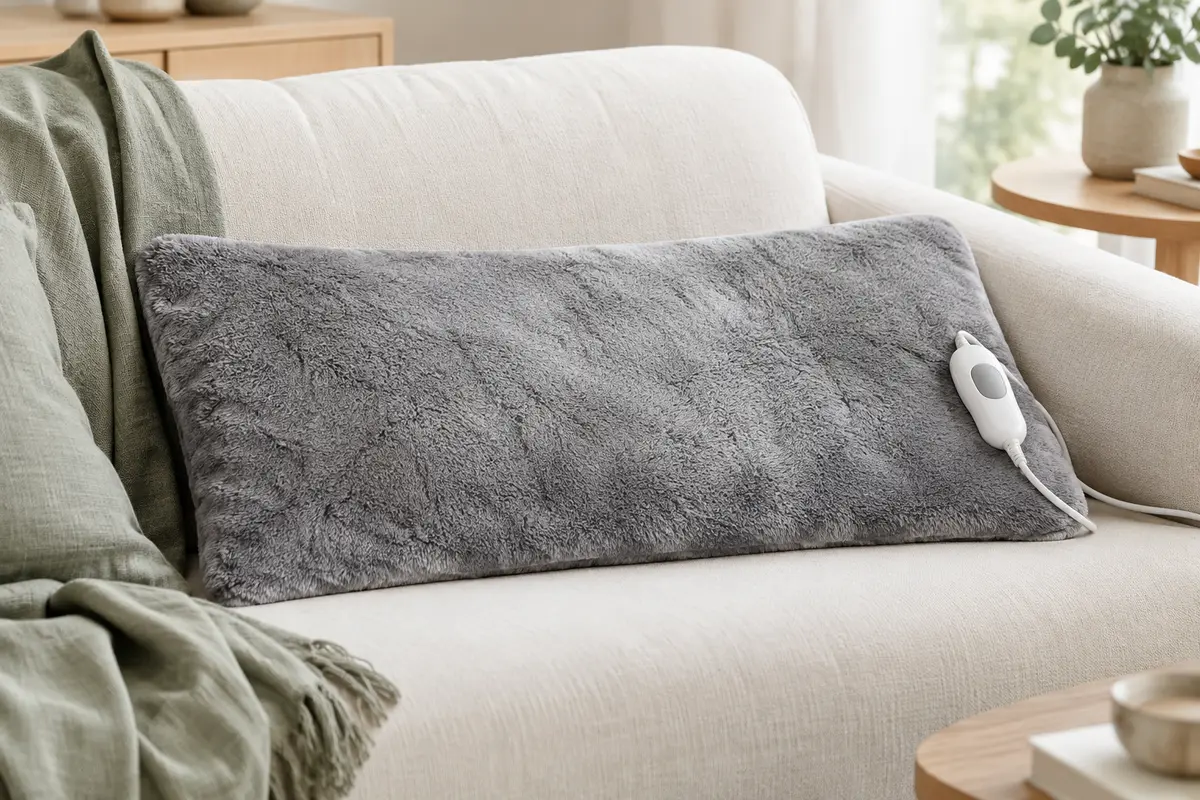 Coussin chauffant Cuplu gris en peluche, posé sur un canapé clair dans un intérieur lumineux