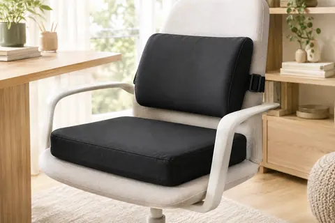 Duo de coussins noirs CushZone, avec coussin d’assise et coussin lombaire à sangle réglable sur une chaise.