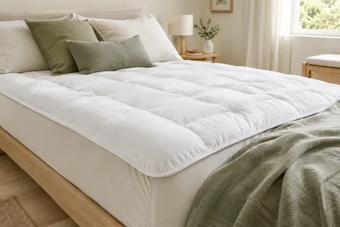 Surmatelas blanc CYMULA Twin XL matelassé et moelleux installé sur un lit dans une chambre claire.