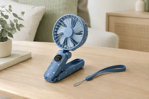 Ventilateur portable bleu pliable posé sur une table en bois clair, avec son écran LED et sa sangle.