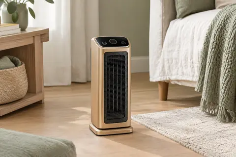 Chauffage soufflant Dreo doré et compact posé au sol dans un intérieur clair aux tons sauge et bois.