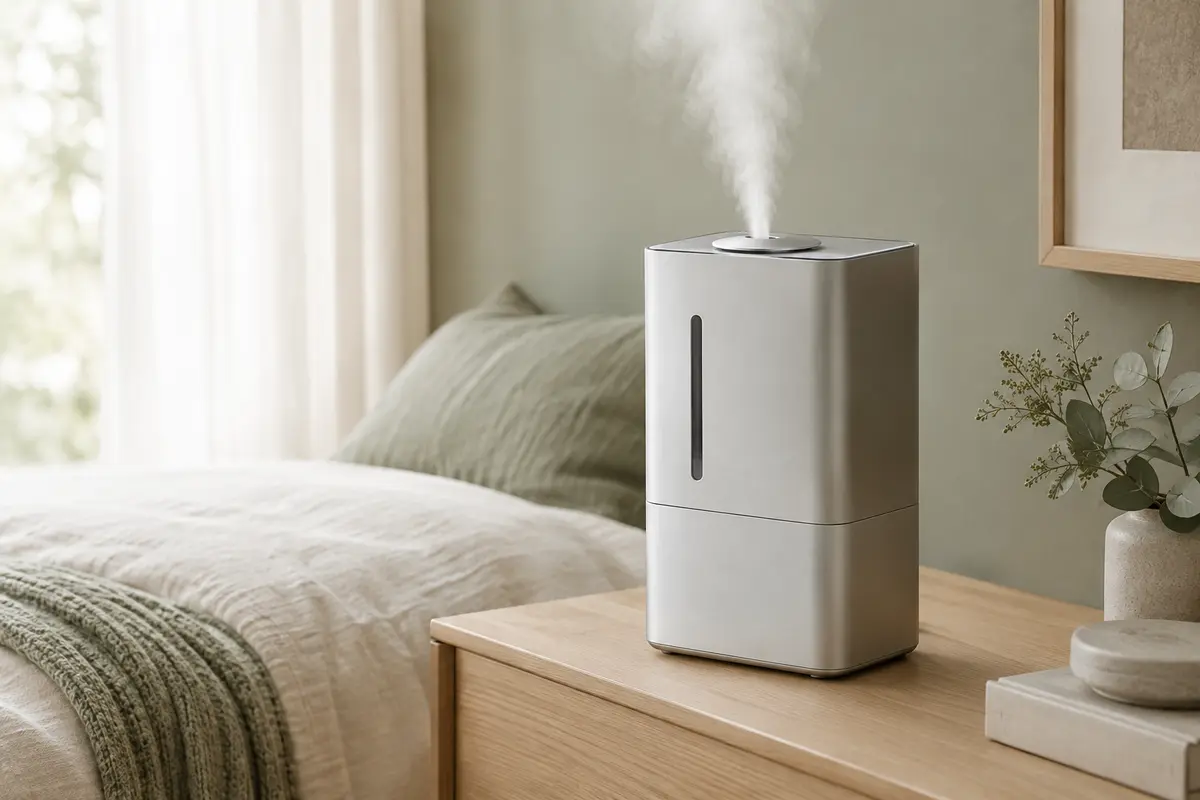 Humidificateur Dreo argent à remplissage supérieur posé sur une console en bois clair dans une chambre lumineuse.