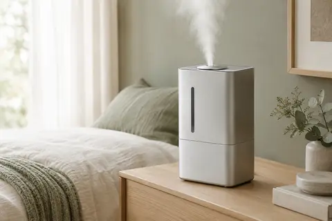 Humidificateur Dreo argent à remplissage supérieur posé sur une console en bois clair dans une chambre lumineuse.