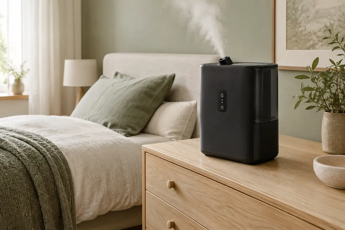 Humidificateur noir à brume fraîche posé sur une commode en bois clair dans une chambre lumineuse