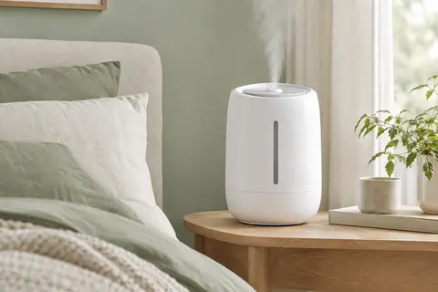 Humidificateur d’air blanc de forme ovale posé sur une table en bois clair dans une chambre lumineuse