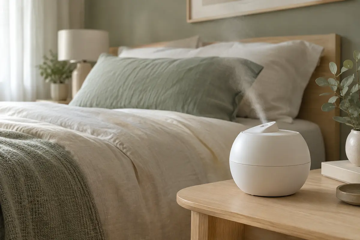 Humidificateur rond blanc posé sur une table en bois clair dans une chambre aux tons sauge et ivoire.