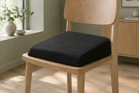 Coussin d’assise noir en forme de coin posé sur une chaise en bois clair dans un intérieur lumineux