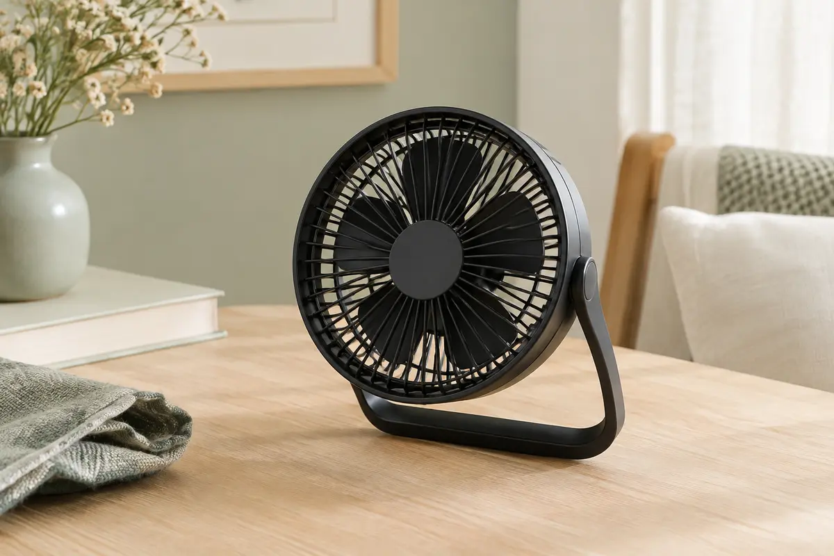 Ventilateur EasyAcc noir à poignée pliable posé sur un bureau en bois clair