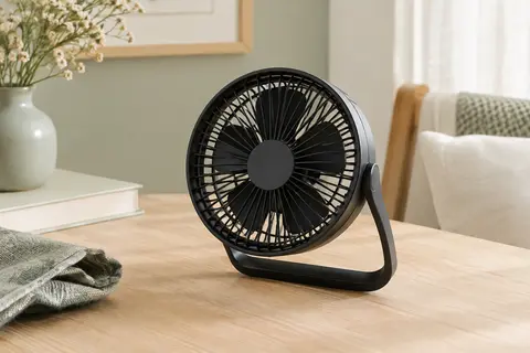 Ventilateur EasyAcc noir à poignée pliable posé sur un bureau en bois clair