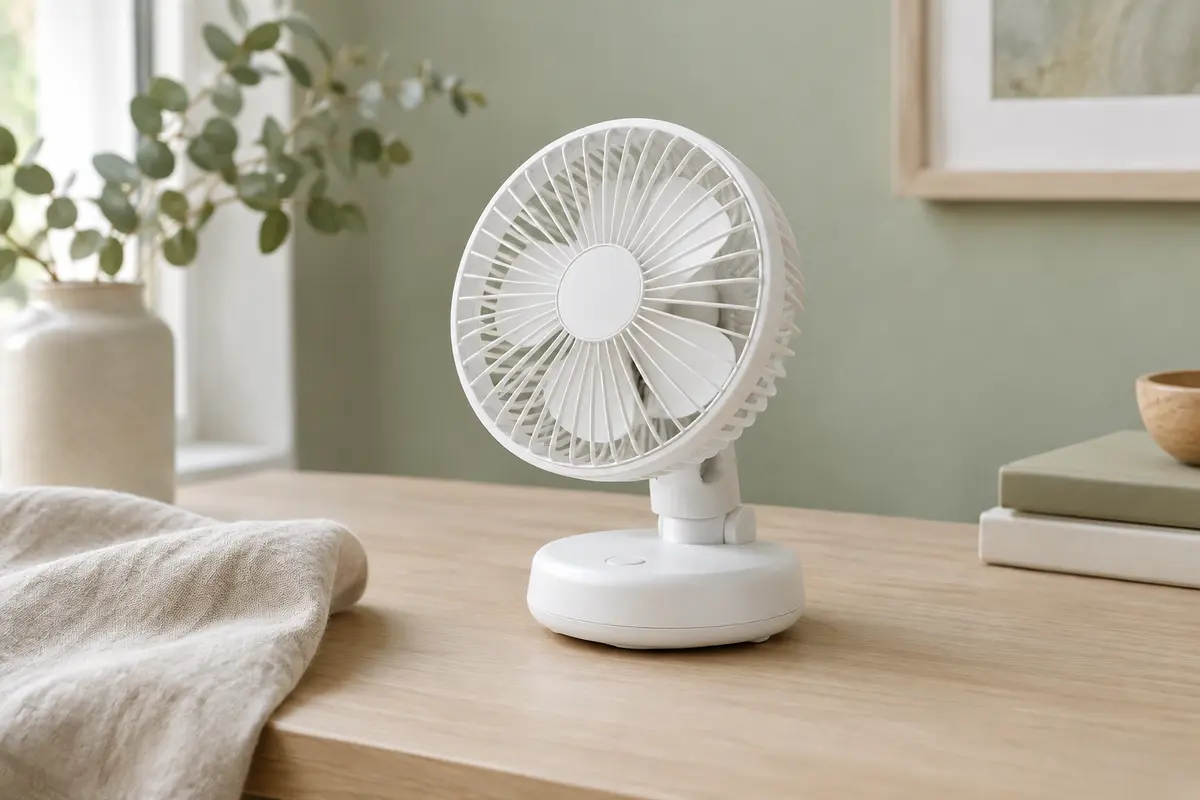 Ventilateur de table compact blanc posé sur un bureau clair dans un intérieur aux tons sauge