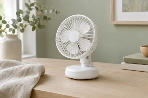Ventilateur de table compact blanc posé sur un bureau clair dans un intérieur aux tons sauge